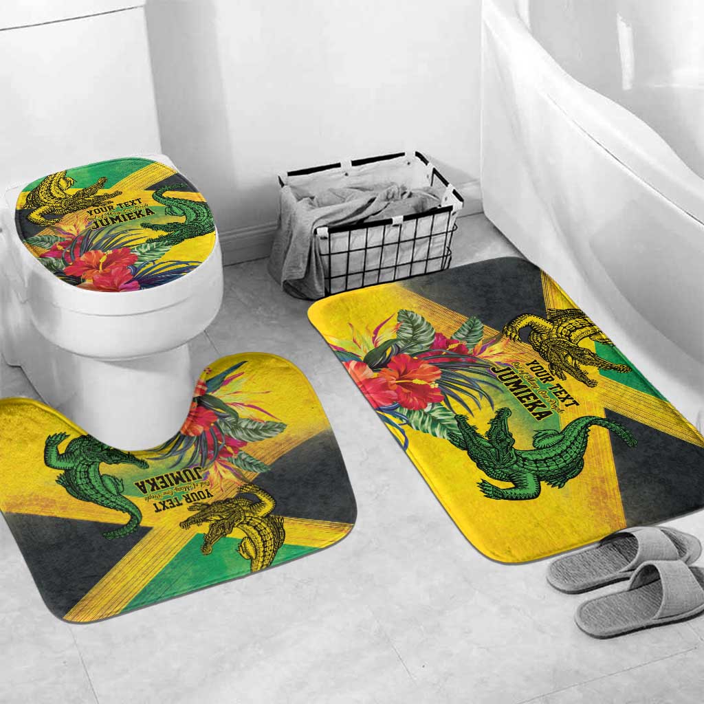 Personalized Black Jamaicans Crocodile Bathroom Set Tropical Flowers Grunge Flag