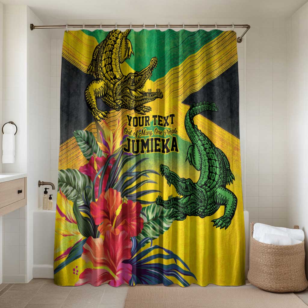 Personalized Black Jamaicans Crocodile Bathroom Set Tropical Flowers Grunge Flag