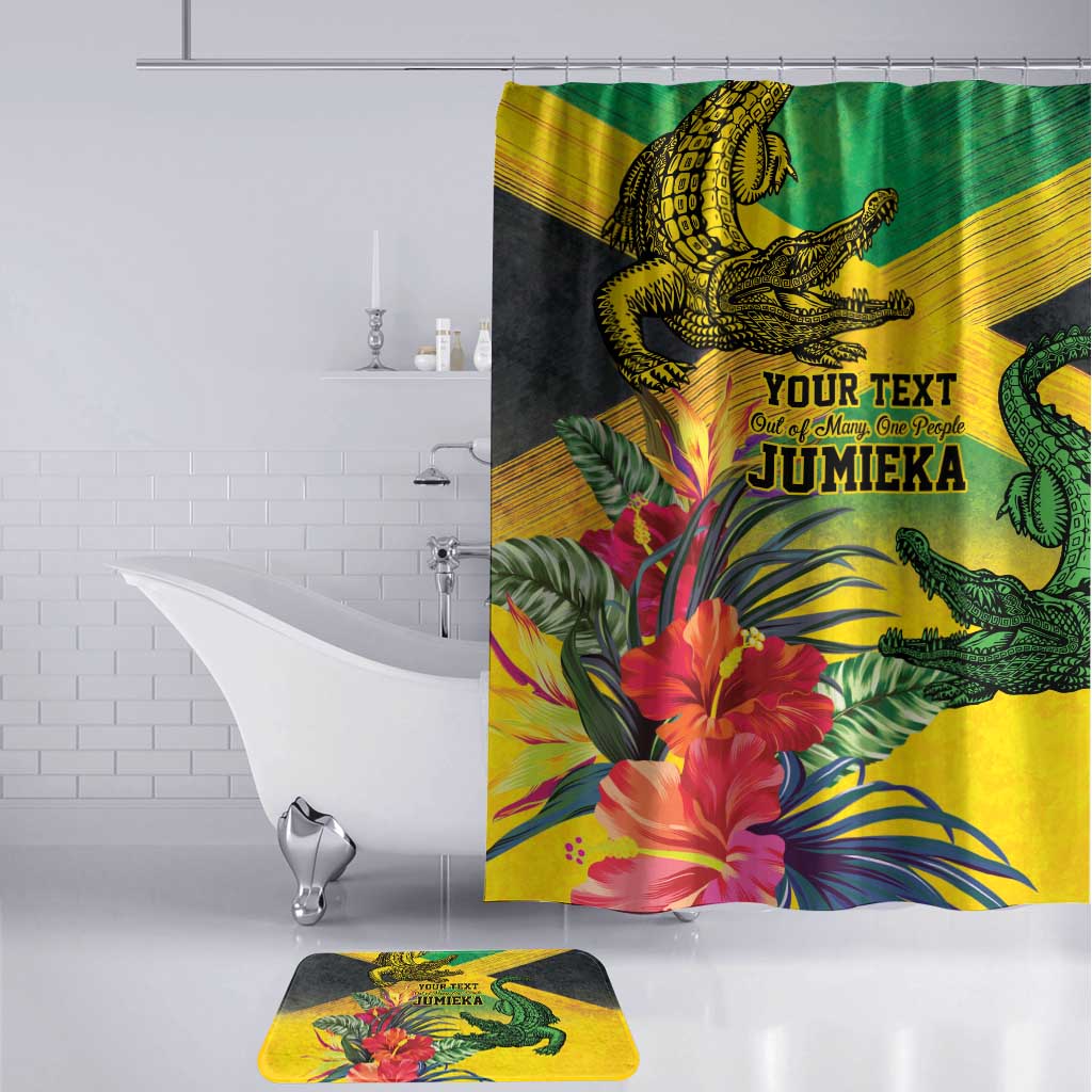 Personalized Black Jamaicans Crocodile Bathroom Set Tropical Flowers Grunge Flag