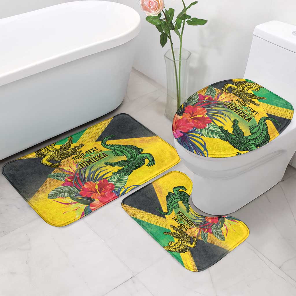 Personalized Black Jamaicans Crocodile Bathroom Set Tropical Flowers Grunge Flag