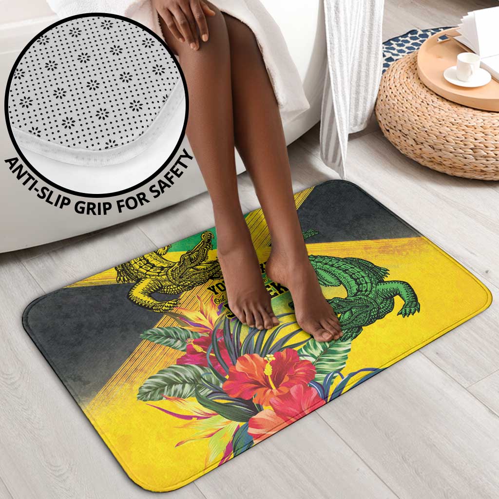 Personalized Black Jamaicans Crocodile Bathroom Set Tropical Flowers Grunge Flag
