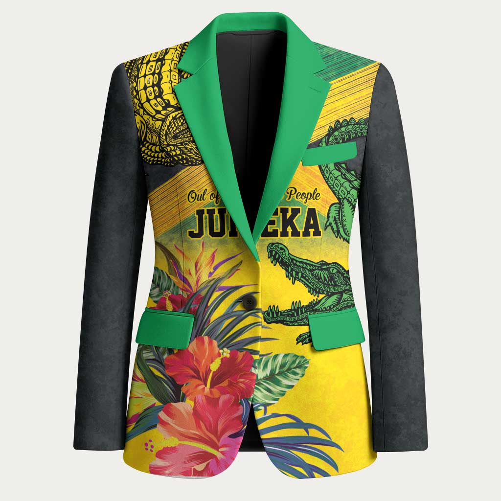 Personalized Black Jamaicans Crocodile Blazer Tropical Flowers Grunge Flag
