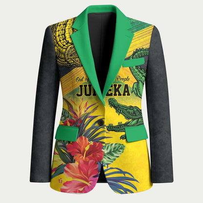 Personalized Black Jamaicans Crocodile Blazer Tropical Flowers Grunge Flag