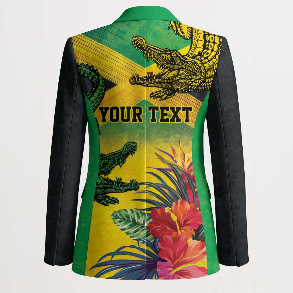 Personalized Black Jamaicans Crocodile Blazer Tropical Flowers Grunge Flag