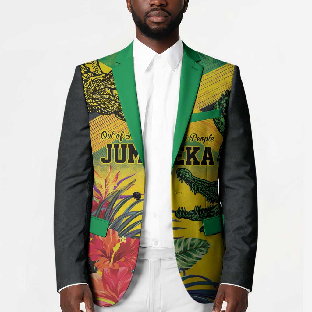 Personalized Black Jamaicans Crocodile Blazer Tropical Flowers Grunge Flag