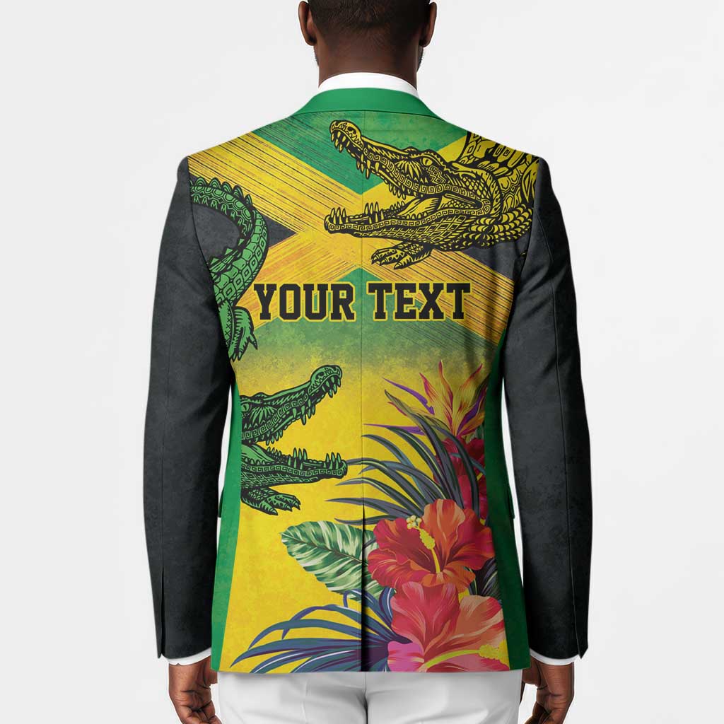 Personalized Black Jamaicans Crocodile Blazer Tropical Flowers Grunge Flag