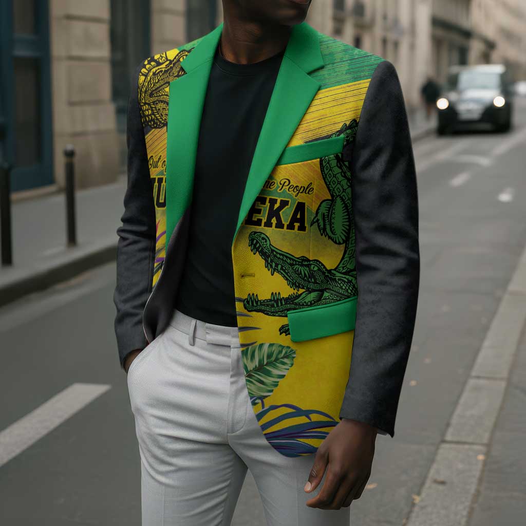 Personalized Black Jamaicans Crocodile Blazer Tropical Flowers Grunge Flag