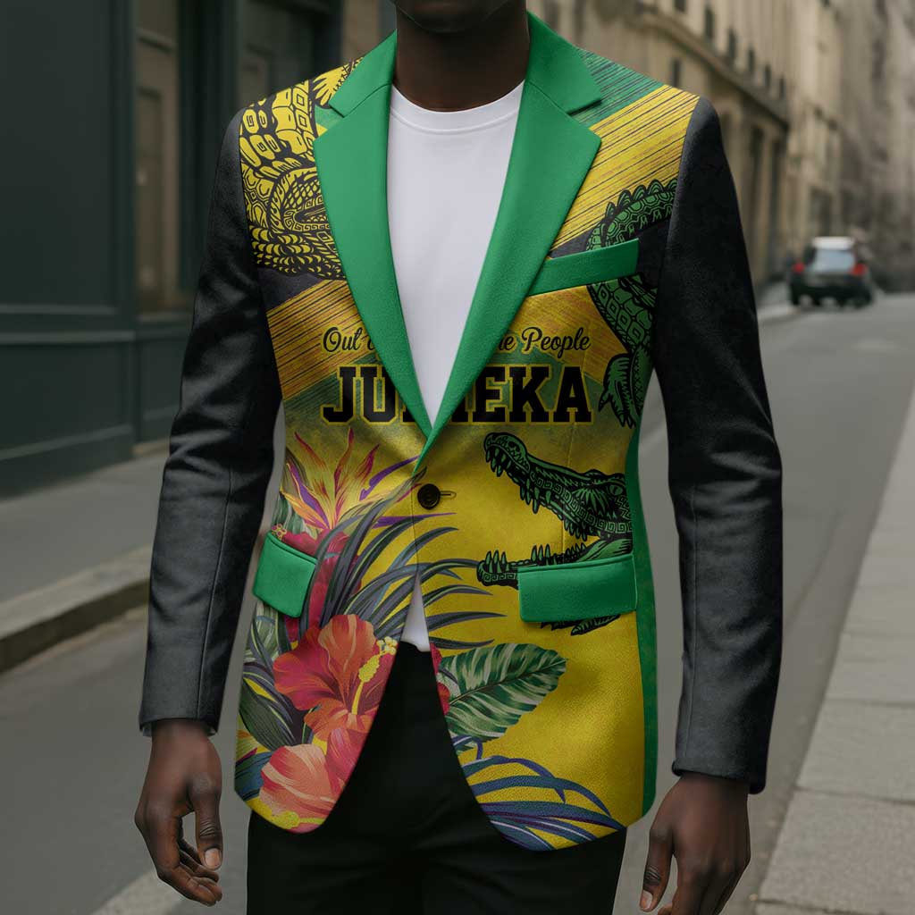 Personalized Black Jamaicans Crocodile Blazer Tropical Flowers Grunge Flag