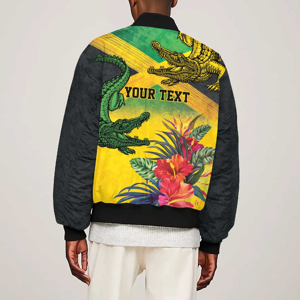 Personalized Black Jamaicans Crocodile Bomber Jacket Tropical Flowers Grunge Flag - African Pride