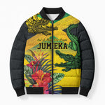 Personalized Black Jamaicans Crocodile Bomber Puffer Jacket Tropical Flowers Grunge Flag