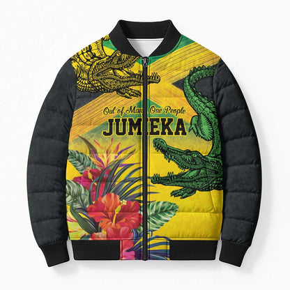 Personalized Black Jamaicans Crocodile Bomber Puffer Jacket Tropical Flowers Grunge Flag