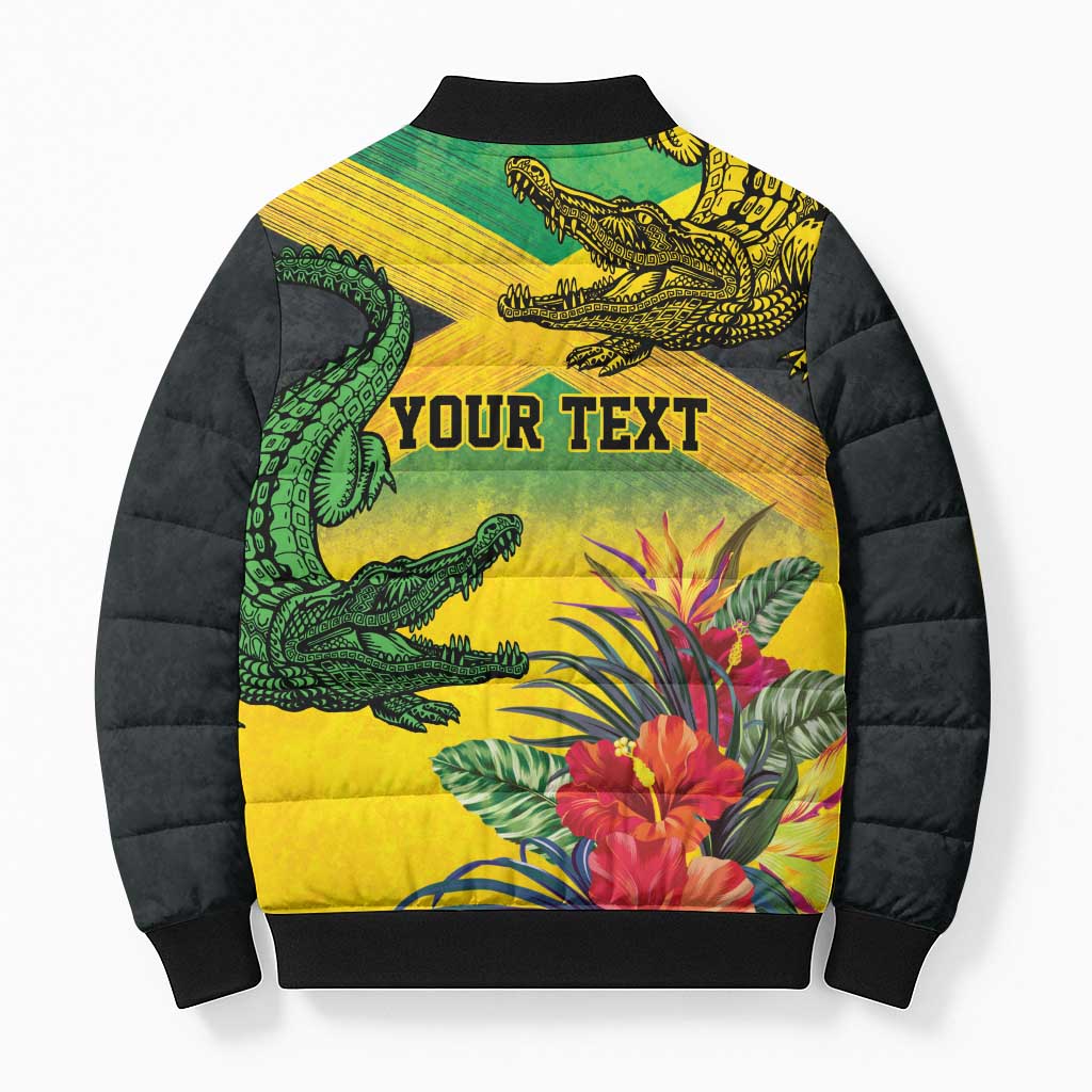 Personalized Black Jamaicans Crocodile Bomber Puffer Jacket Tropical Flowers Grunge Flag