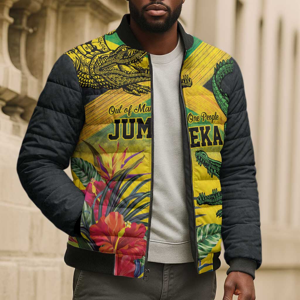 Personalized Black Jamaicans Crocodile Bomber Puffer Jacket Tropical Flowers Grunge Flag