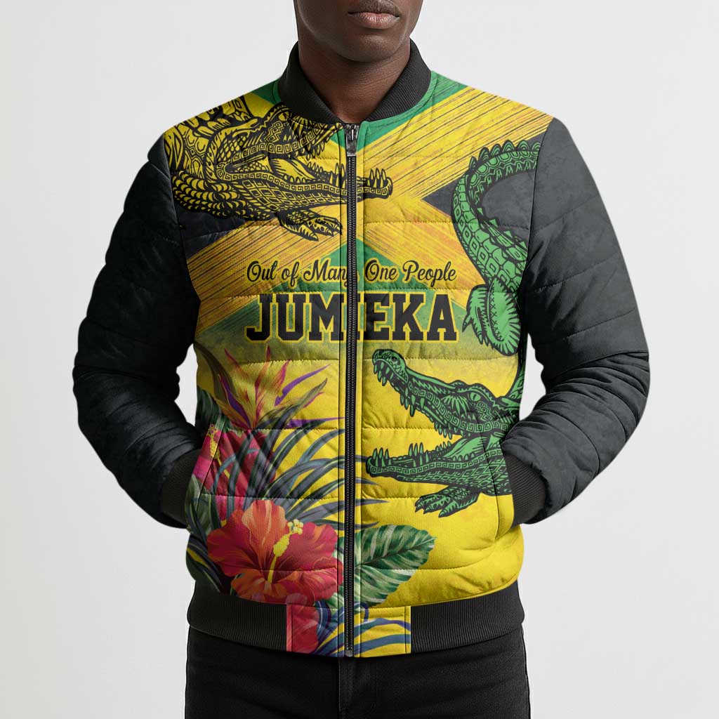 Personalized Black Jamaicans Crocodile Bomber Puffer Jacket Tropical Flowers Grunge Flag