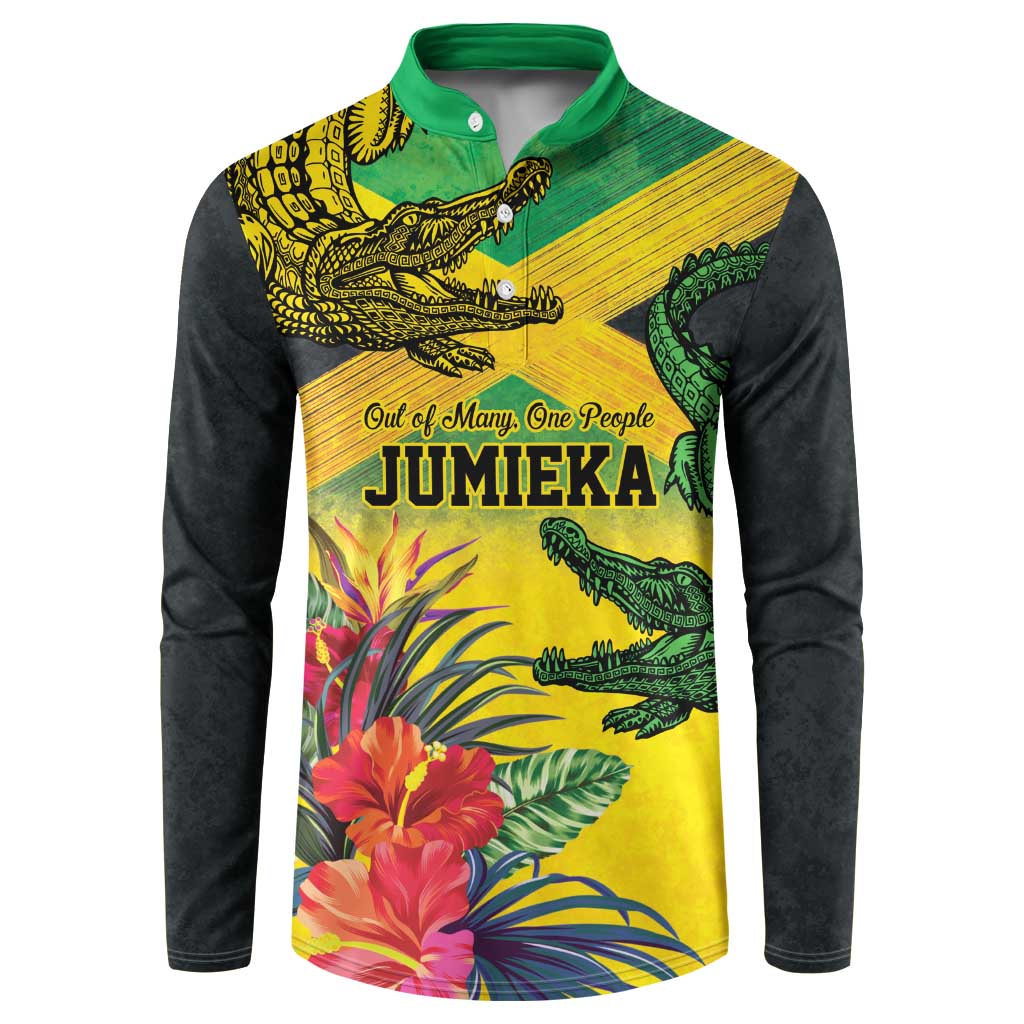 Personalized Black Jamaicans Crocodile Button Sweatshirt Tropical Flowers Grunge Flag
