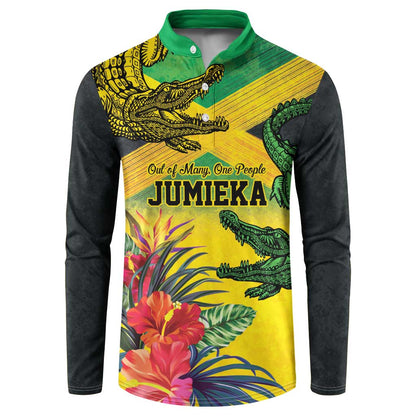 Personalized Black Jamaicans Crocodile Button Sweatshirt Tropical Flowers Grunge Flag