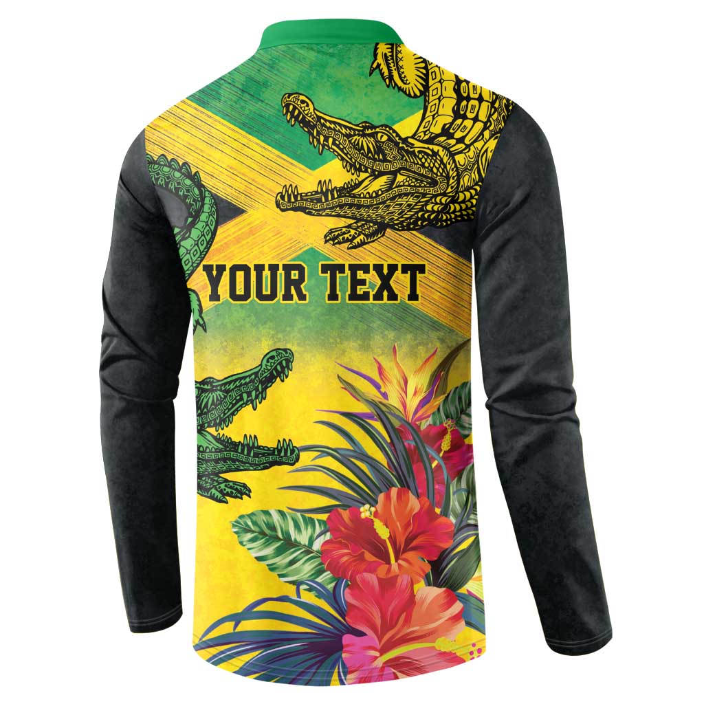 Personalized Black Jamaicans Crocodile Button Sweatshirt Tropical Flowers Grunge Flag