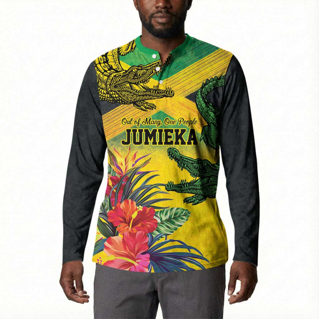 Personalized Black Jamaicans Crocodile Button Sweatshirt Tropical Flowers Grunge Flag