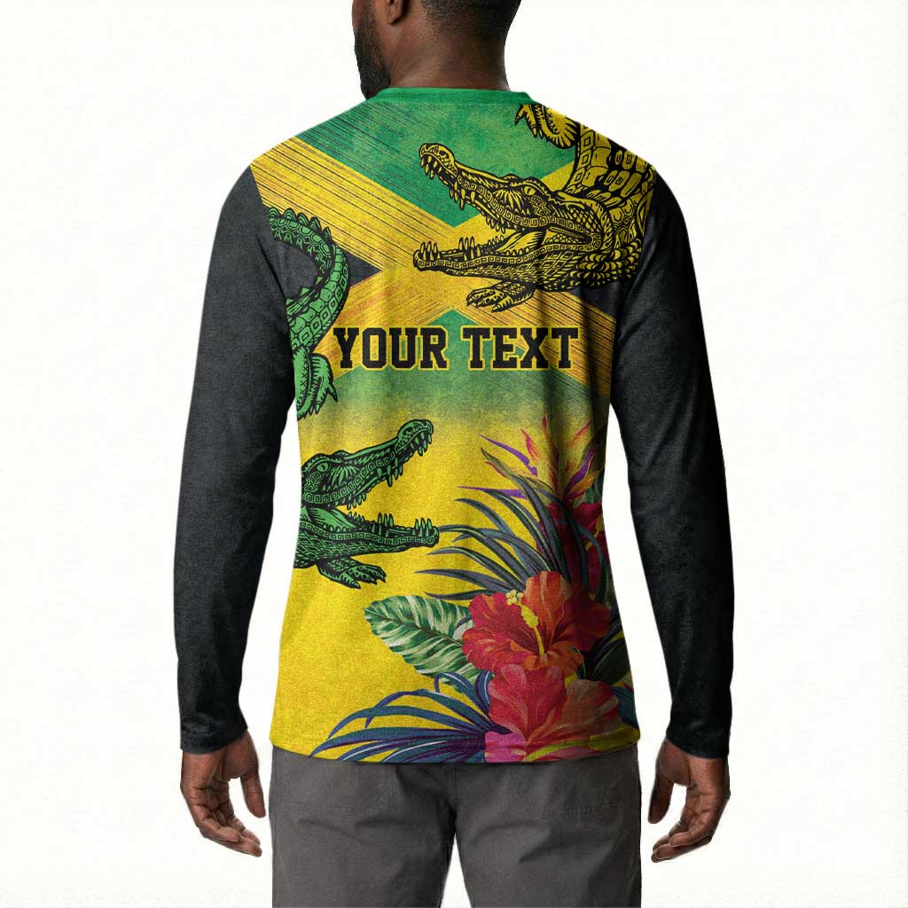Personalized Black Jamaicans Crocodile Button Sweatshirt Tropical Flowers Grunge Flag
