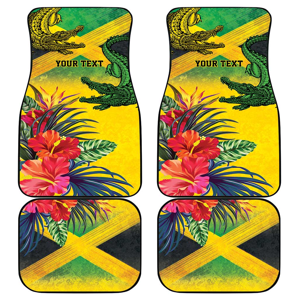 Personalized Black Jamaicans Crocodile Car Mats Tropical Flowers Grunge Flag - African Pride