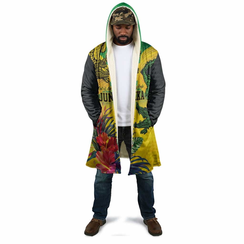 Personalized Black Jamaicans Crocodile Cloak Tropical Flowers Grunge Flag
