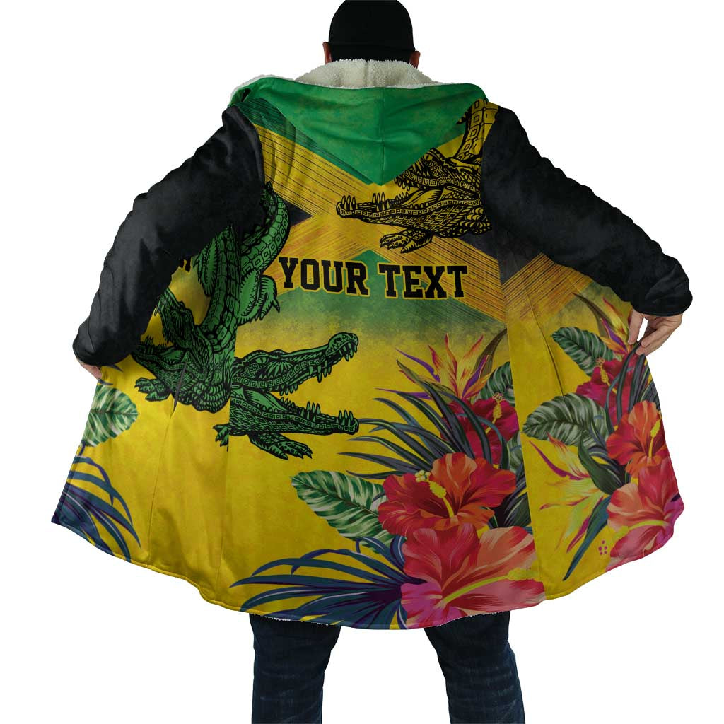 Personalized Black Jamaicans Crocodile Cloak Tropical Flowers Grunge Flag