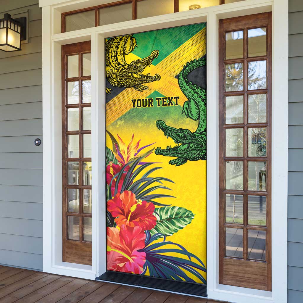 Personalized Black Jamaicans Crocodile Door Cover Tropical Flowers Grunge Flag