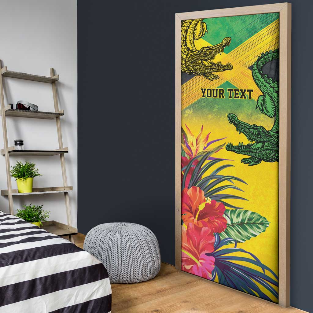Personalized Black Jamaicans Crocodile Door Cover Tropical Flowers Grunge Flag