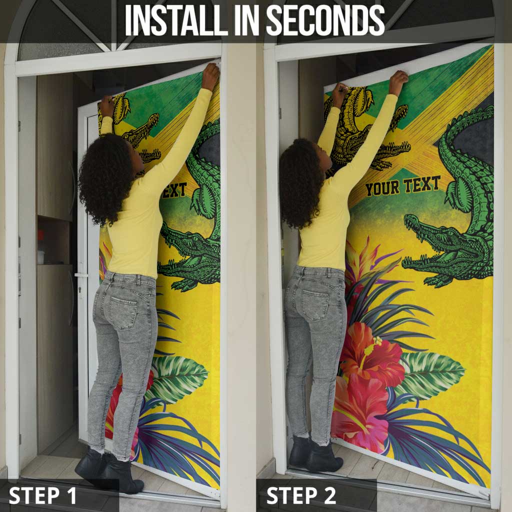 Personalized Black Jamaicans Crocodile Door Cover Tropical Flowers Grunge Flag