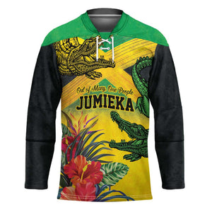Personalized Black Jamaicans Crocodile Hockey Jersey Tropical Flowers Grunge Flag