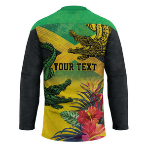 Personalized Black Jamaicans Crocodile Hockey Jersey Tropical Flowers Grunge Flag