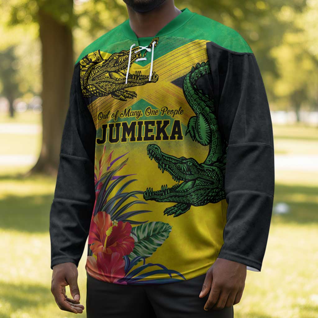 Personalized Black Jamaicans Crocodile Hockey Jersey Tropical Flowers Grunge Flag