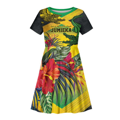 Personalized Black Jamaicans Crocodile Kid Short Sleeve Dress Tropical Flowers Grunge Flag - African Pride