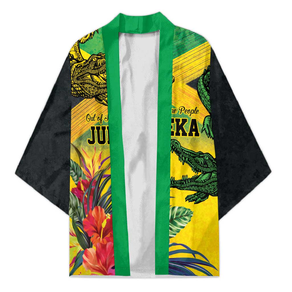 Personalized Black Jamaicans Crocodile Kimono Tropical Flowers Grunge Flag