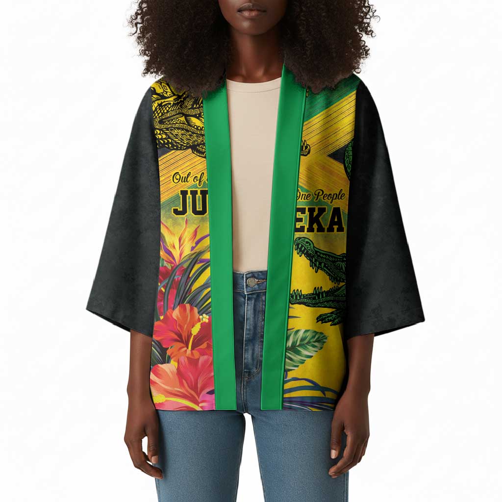 Personalized Black Jamaicans Crocodile Kimono Tropical Flowers Grunge Flag