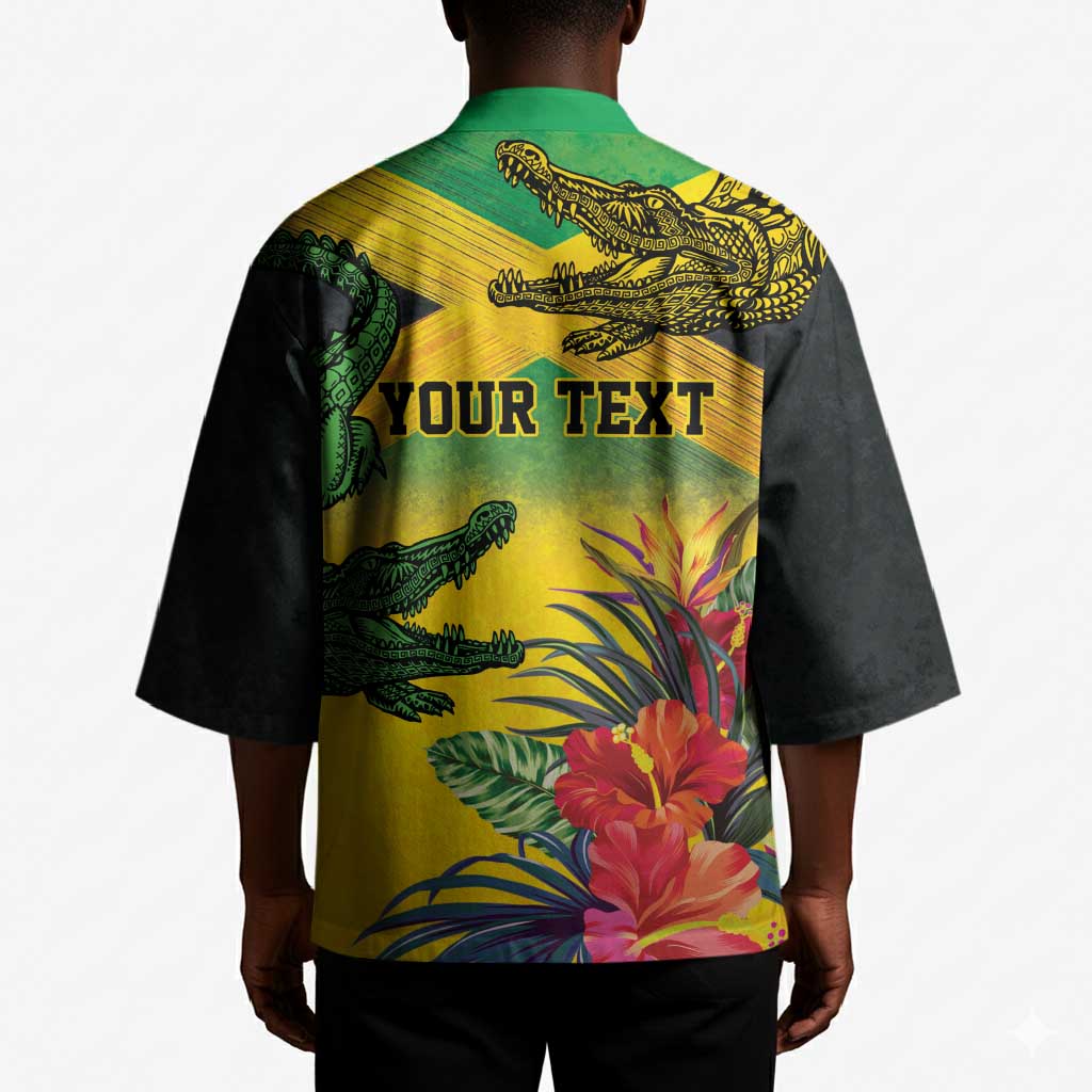 Personalized Black Jamaicans Crocodile Kimono Tropical Flowers Grunge Flag