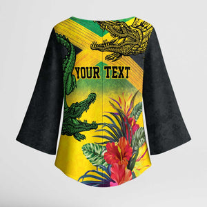 Personalized Black Jamaicans Crocodile Kimono Sleeve Blouse Tropical Flowers Grunge Flag