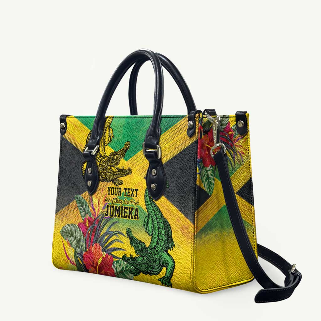Personalized Black Jamaicans Crocodile Leather Bag Tropical Flowers Grunge Flag