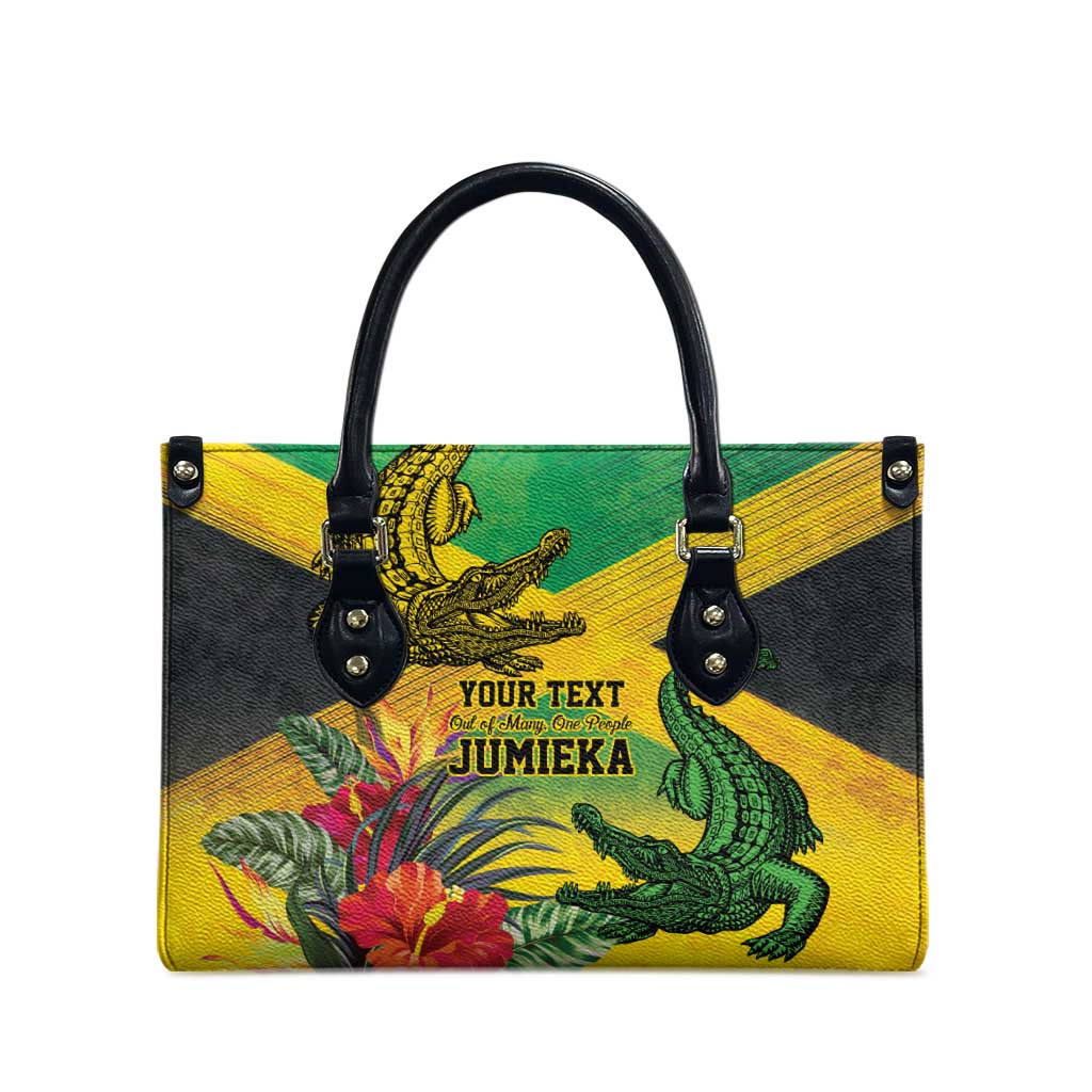 Personalized Black Jamaicans Crocodile Leather Bag Tropical Flowers Grunge Flag