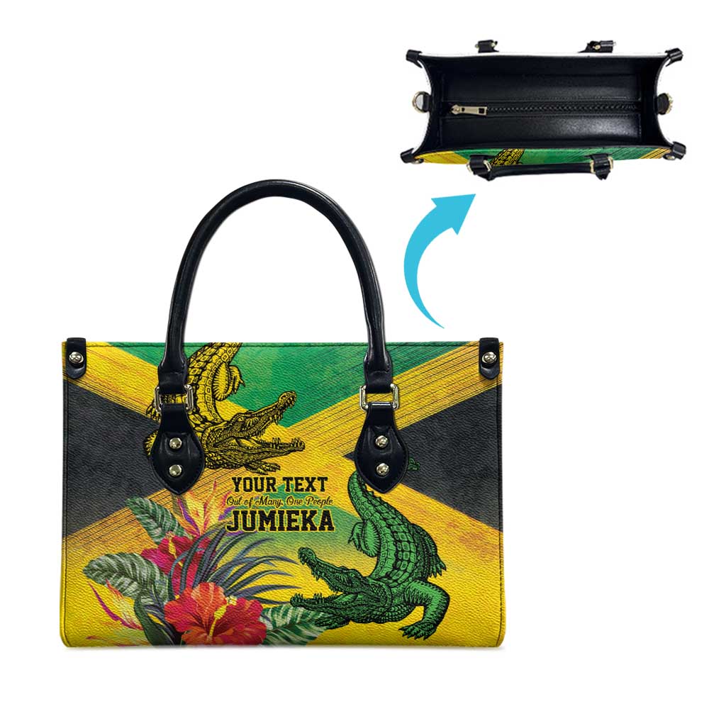 Personalized Black Jamaicans Crocodile Leather Bag Tropical Flowers Grunge Flag