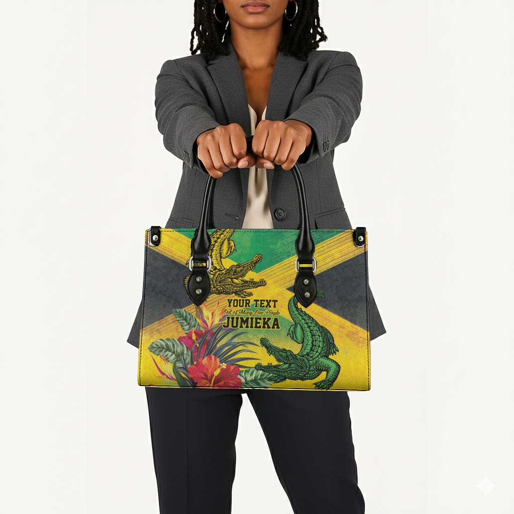 Personalized Black Jamaicans Crocodile Leather Bag Tropical Flowers Grunge Flag