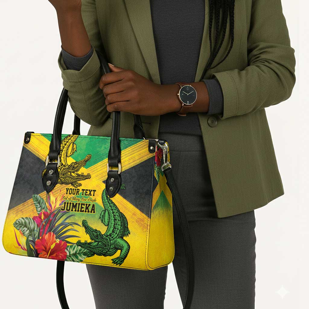 Personalized Black Jamaicans Crocodile Leather Bag Tropical Flowers Grunge Flag