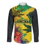 Personalized Black Jamaicans Crocodile Long Sleeve Button Shirt Tropical Flowers Grunge Flag - African Pride