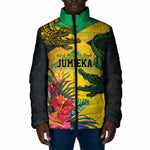 Personalized Black Jamaicans Crocodile Padded Jacket Tropical Flowers Grunge Flag