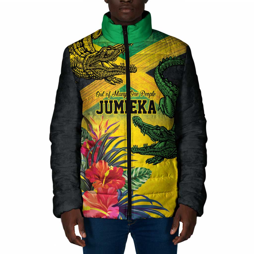 Personalized Black Jamaicans Crocodile Padded Jacket Tropical Flowers Grunge Flag