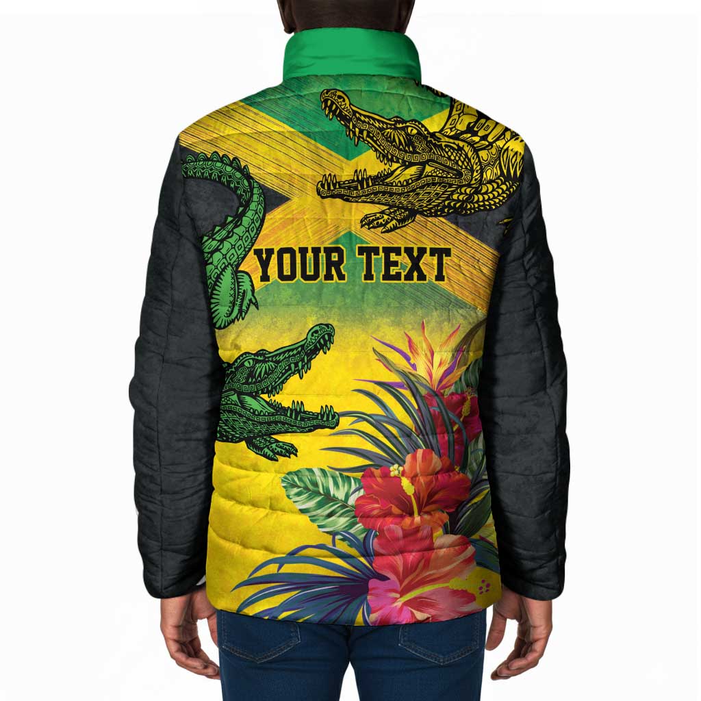 Personalized Black Jamaicans Crocodile Padded Jacket Tropical Flowers Grunge Flag