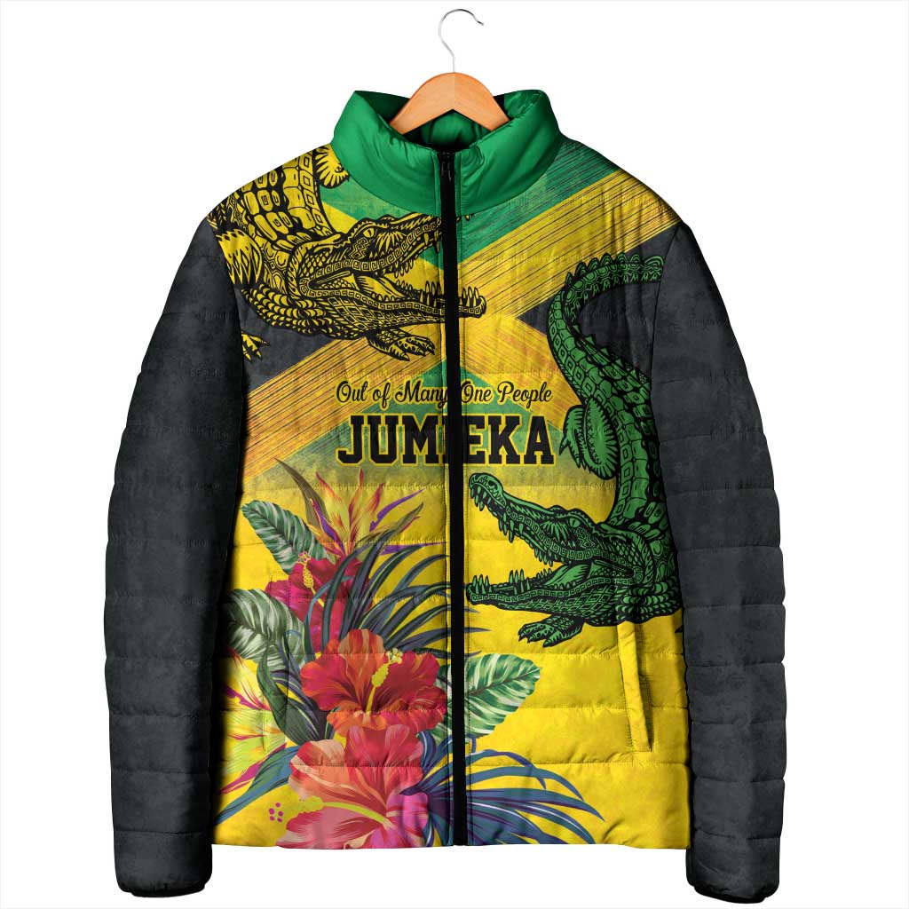Personalized Black Jamaicans Crocodile Padded Jacket Tropical Flowers Grunge Flag