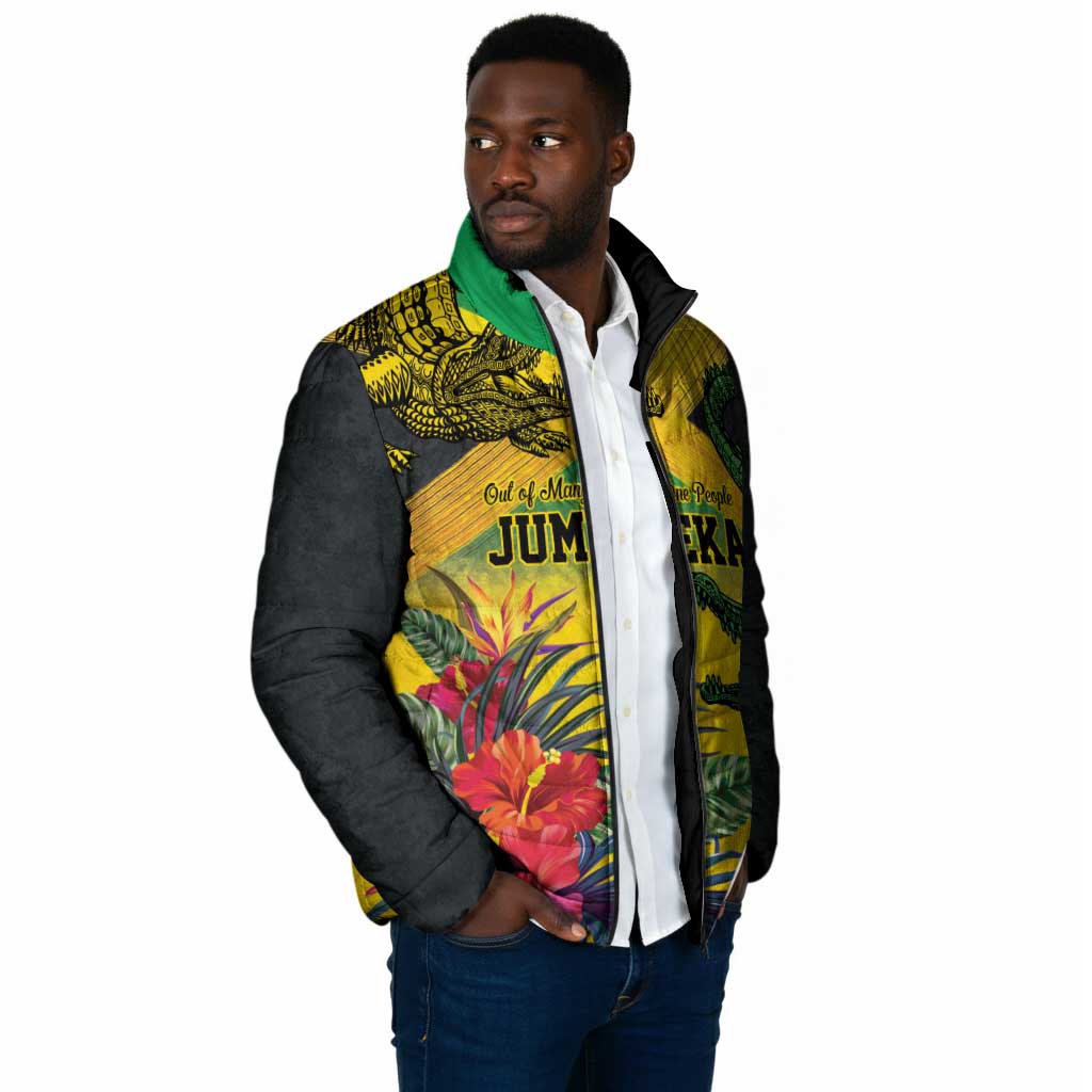 Personalized Black Jamaicans Crocodile Padded Jacket Tropical Flowers Grunge Flag