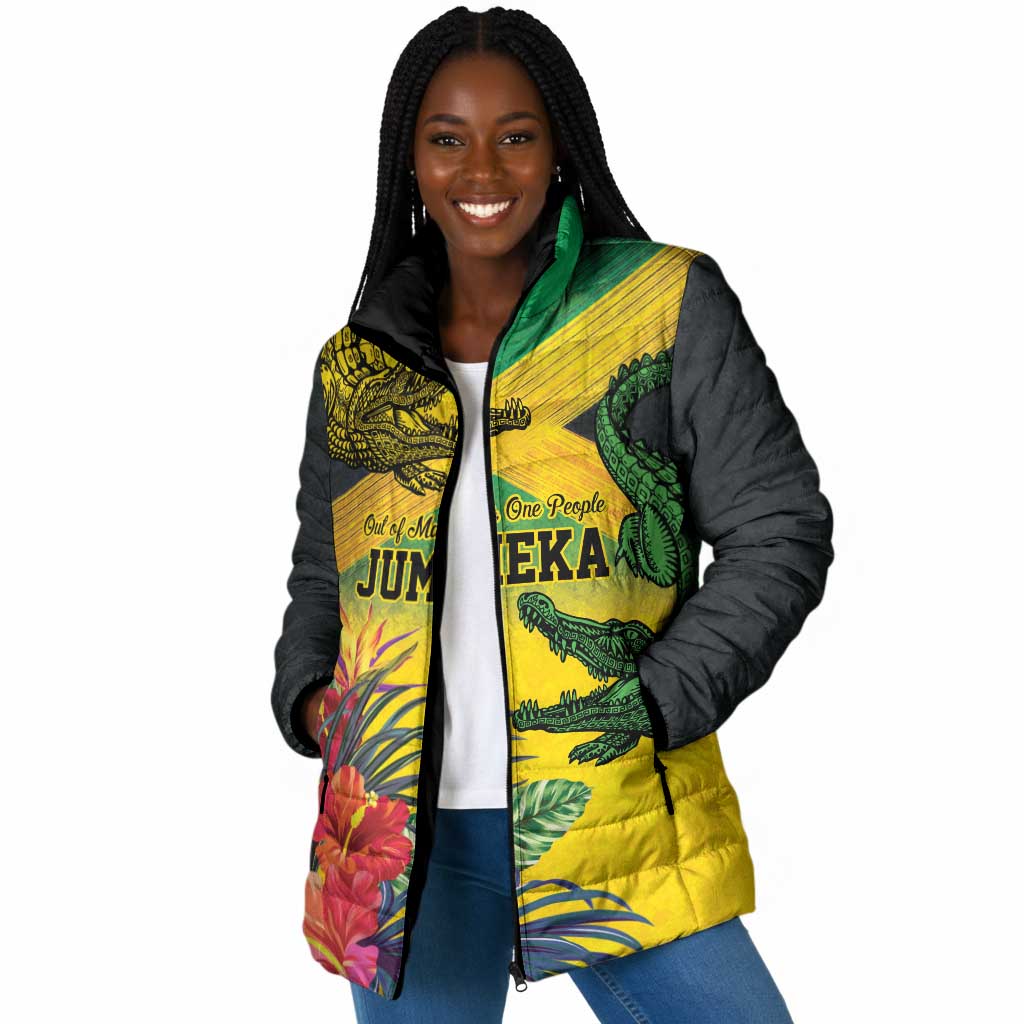 Personalized Black Jamaicans Crocodile Padded Jacket Tropical Flowers Grunge Flag