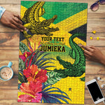 Personalized Black Jamaicans Crocodile Puzzle Tropical Flowers Grunge Flag